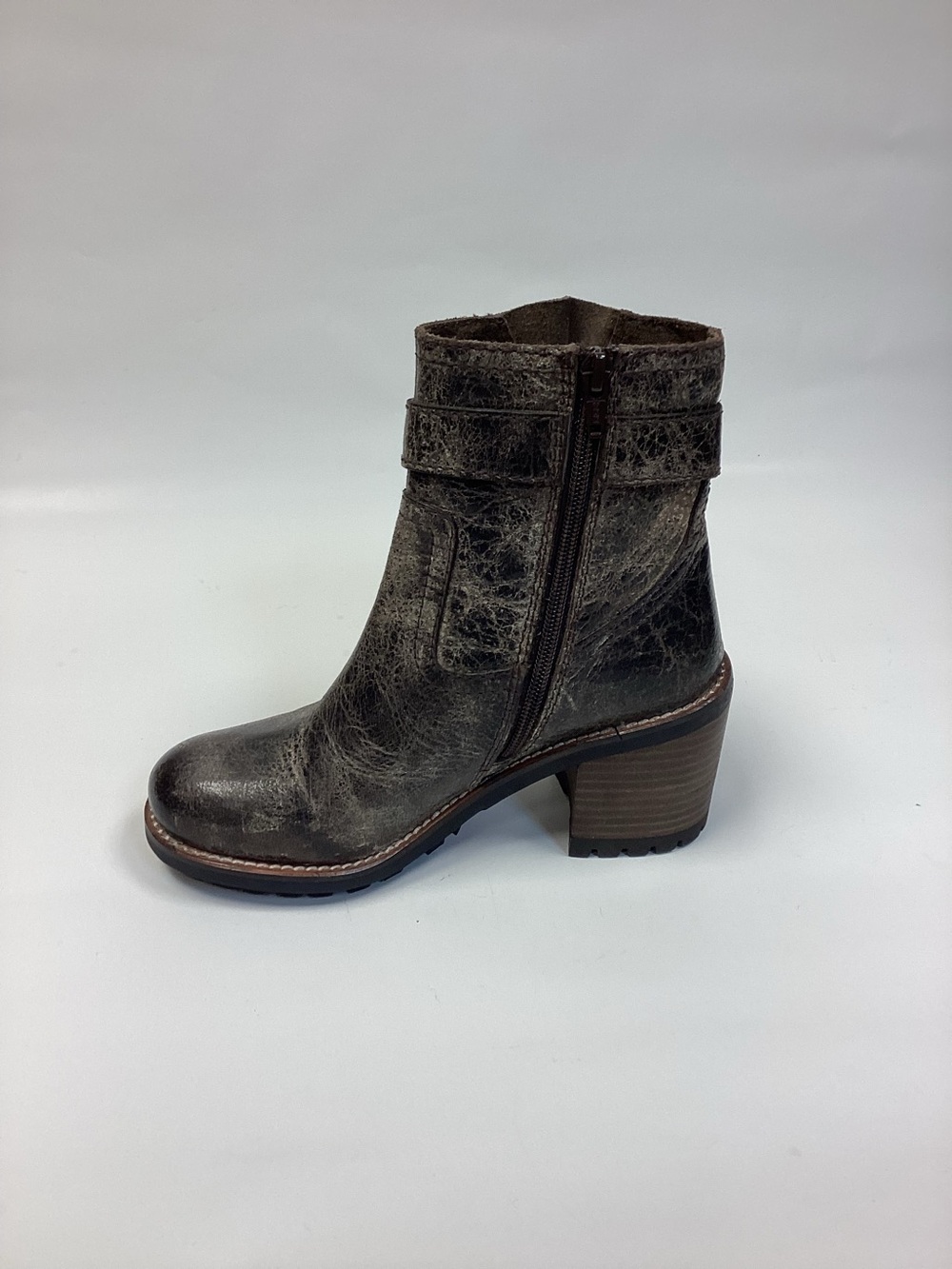 Women’s Distressed Brown Leather Ankle Boot with Block Heel